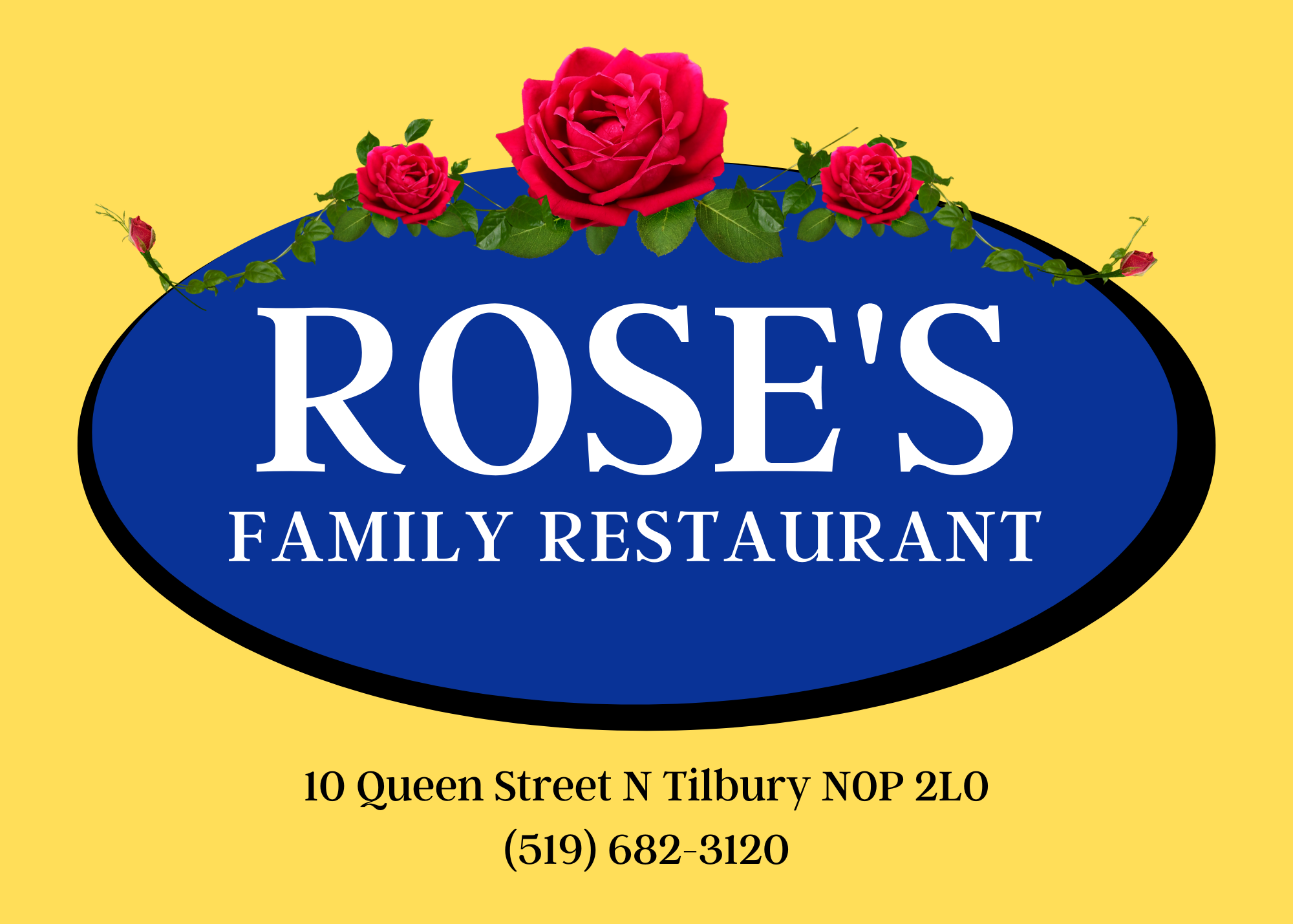 rose's family restaurant logo yellow and blue with red rose's