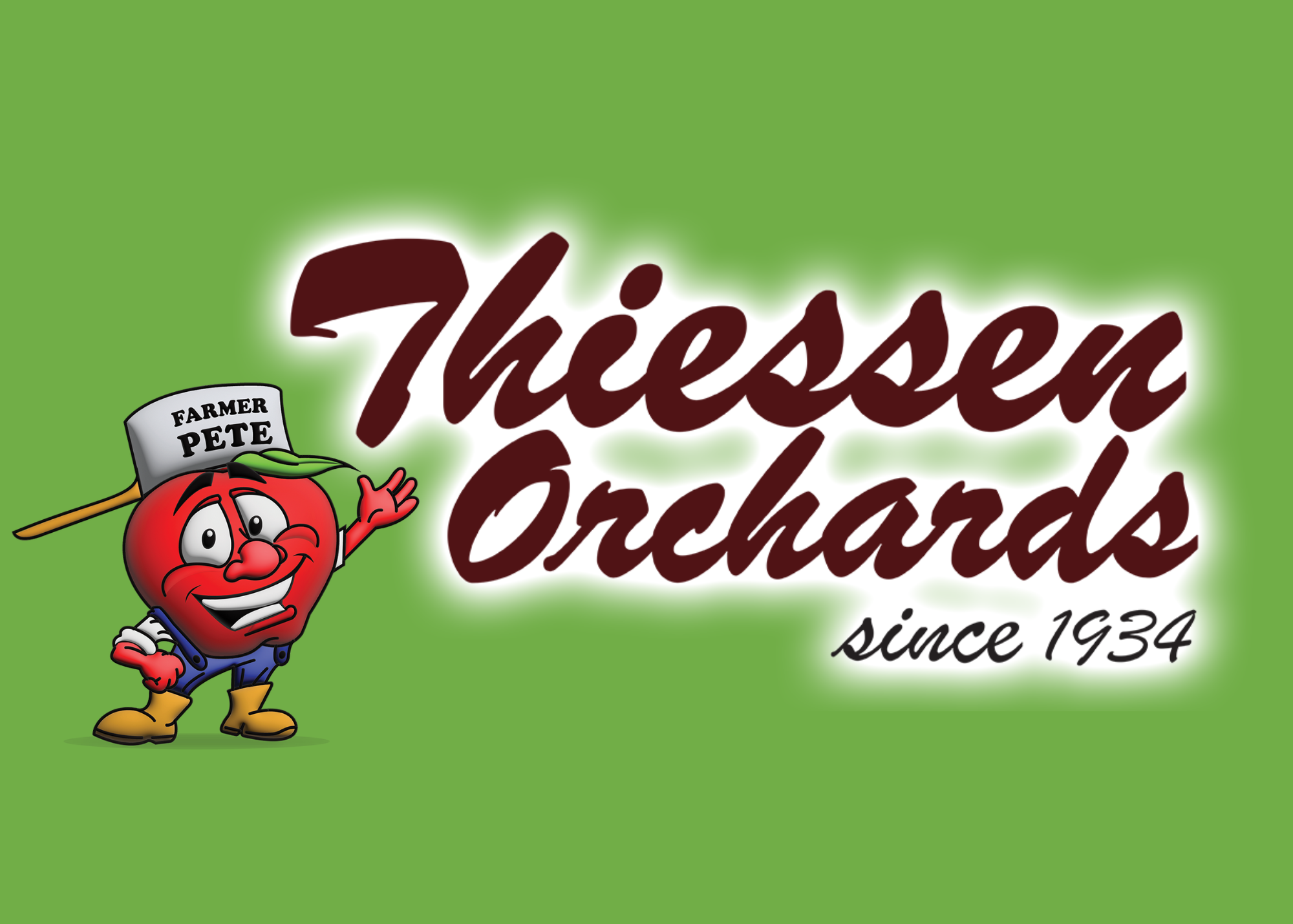 Thiessen orchards logo since 1934 farmer pete apple 